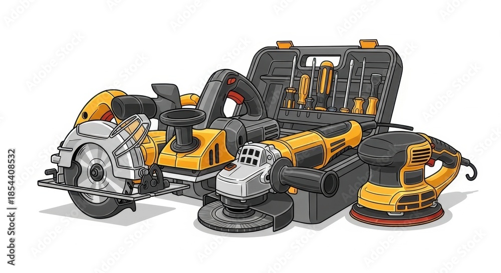 Fototapeta premium A vibrant collection of power tools showcases craftsmanship and readiness for construction tasks