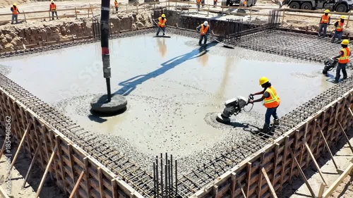 Construction workers in high-visibility vests pouring concrete on a metal grid foundation on a sunny day