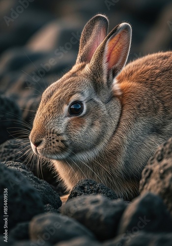 Cute rabbit sitting on rocks in natural habitat closeup
