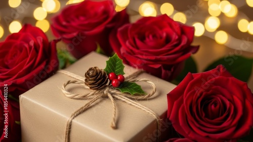 Gift box with pine cone and holly surrounded by red roses