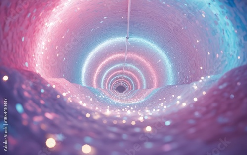 Vibrant pastel glitter tunnel with pink blue concentric circles and sparkling particles in a futuristic abstract background