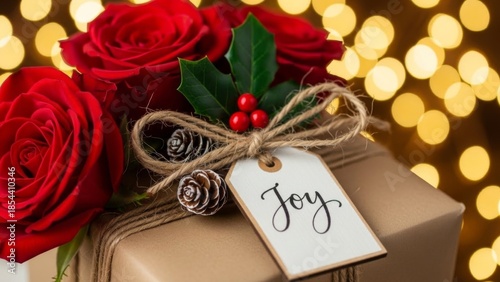 Gift box with red roses holly and a joy tag