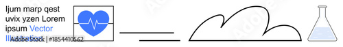 Medical research, cloud technology, data storage, scientific innovation, health monitoring, connectivity. Blue heart with pulse line, cloud icon and lab flask. Health monitoring and cloud technology
