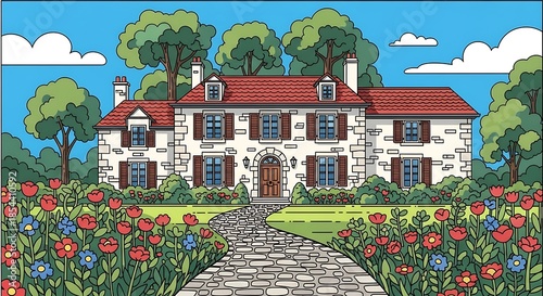Beautiful large house with garden flowers.