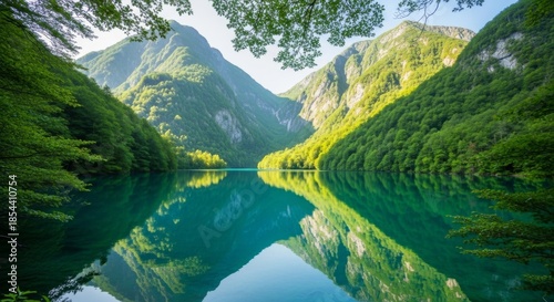 Serene lake reflecting forested mountains under bright sky