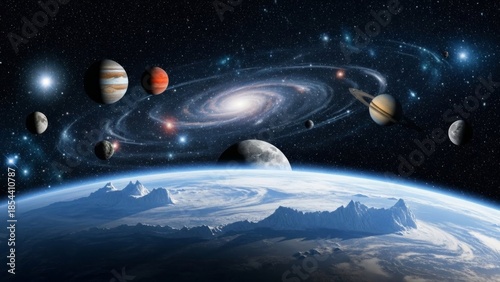 Spectacular view of planets over earth with a galactic background