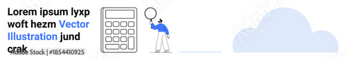 Man holding magnifying glass near large calculator, exploring data and calculations. Ideal for finance, analytics, education, research, problem-solving, technology, simple landing page