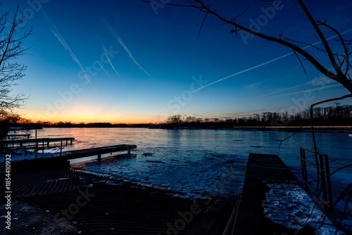 Frozen lake in the Chicago area at dusk