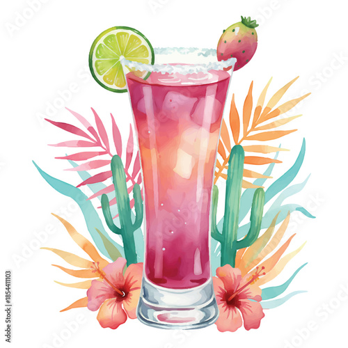 Cactus Pear Margarita Watercolor Cocktail Illustration
