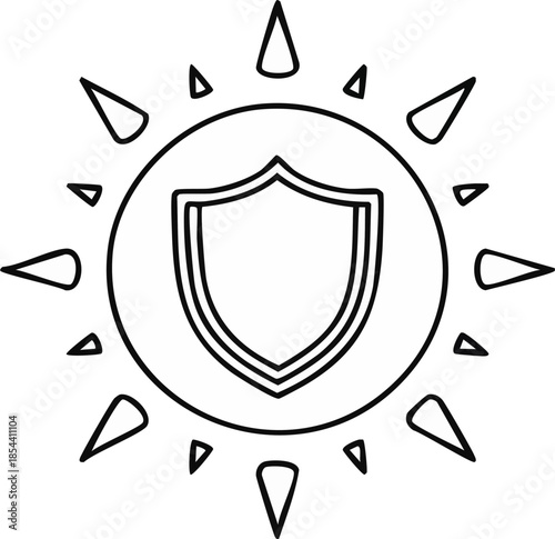 Minimalist outline vector icon of sun protection, sun with shield symbol, simple geometric