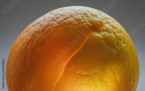 Extreme close up of a vibrant orange with a partially peeled skin on a gradient gray background