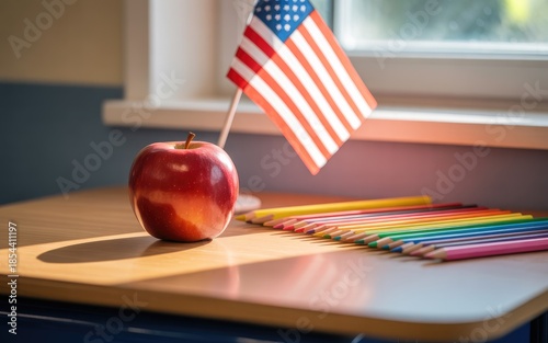 A crisp red apple with a toothpick american flag on a school desk with colored pencils near a sunny window