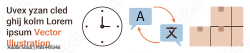 Business workflow, logistics management, supply chain, time management, global communication, translation services. A clock, language icons and stacked boxes. Time management and logistics concept