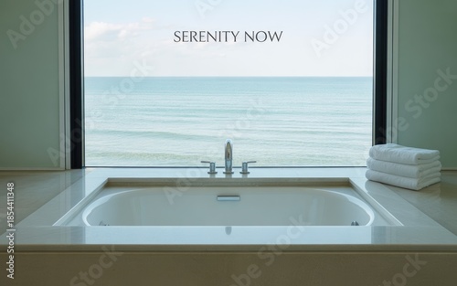A serene bathroom with a large window overlooking the ocean, a white bathtub, and a stack of towels, perfect for relaxation and calmness in a luxurious minimalist setting