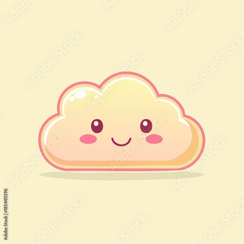 Cute cartoon cloud with a happy face and pink cheeks on a light yellow background.