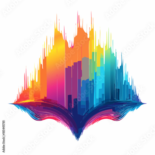 Colorful abstract cityscape with vibrant hues, resembling a skyline reflected in water, created with a digital painting style.