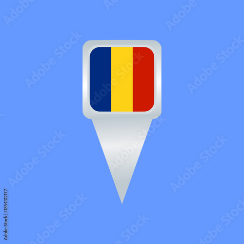 Romania Flag Location Pin Icon. Glossy Map Pointer Vector Illustration. Ideal for travel apps, navigation maps, geographic markers, tourism projects