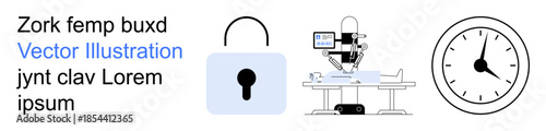 Cybersecurity, medical technology, automation, time management, innovation, security concepts. A lock, robotic surgery setup and clock symbol. Cybersecurity and medical technology concept