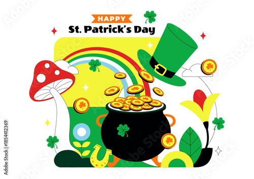 Happy St. Patrick's Day Vector Illustration on March 17 Featuring Golden Coins, Green Hat, Beer, and Shamrocks in Flat Style Cartoon Background
