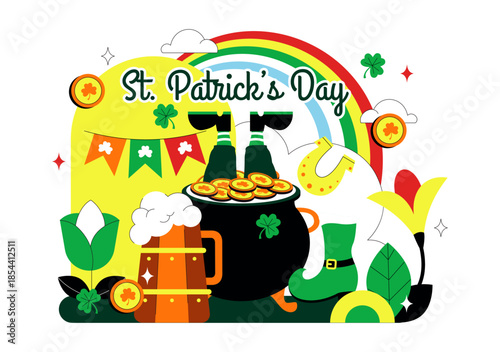 Happy St. Patrick's Day Vector Illustration on March 17 Featuring Golden Coins, Green Hat, Beer, and Shamrocks in Flat Style Cartoon Background