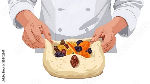 Baker preparing a delicious fruit-filled pastry with dried fruits.