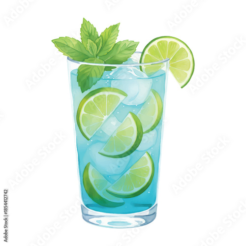 Blue Curacao Mojito Cocktail Watercolor Vector Illustration Isolated on White Background
