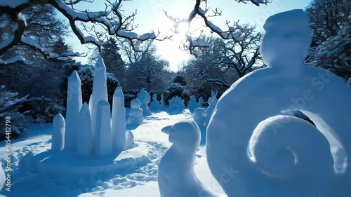 Whimsical Snow Sculptures Adorn Winter Garden Under Bright Sunlight