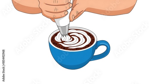 Close-up of hands decorating a cup of coffee with whipped cream.