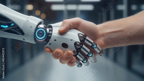 closeup shot of a human hand shaking hands with a robotic hand