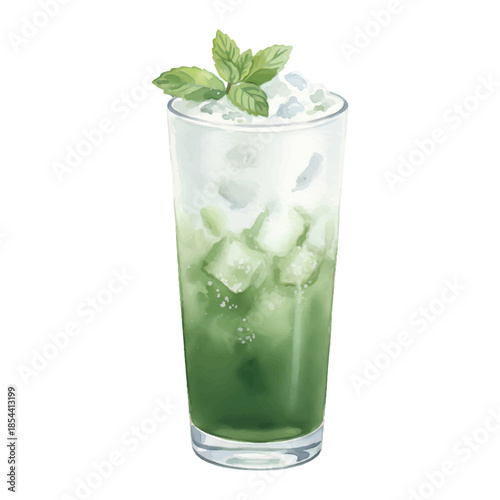 Coconut Matcha Frappe Cocktail Watercolor Vector Illustration Isolated on White Background
