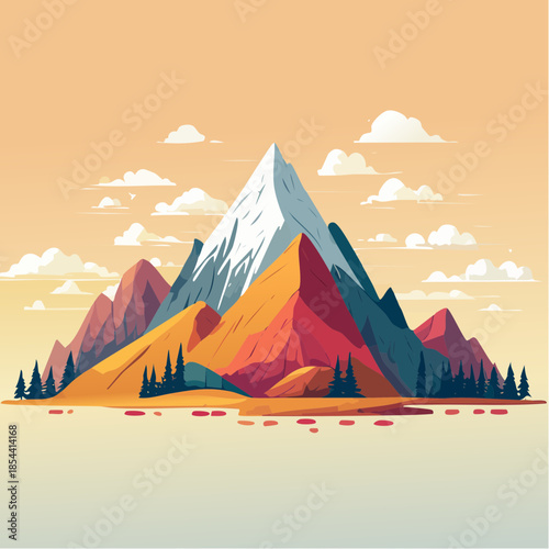 Colorful mountain range illustration with snow-capped peak and stylized trees under a warm sky.