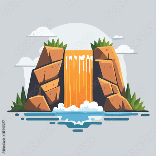 Illustration of a waterfall cascading between two rocky cliffs with vegetation and a cloudy sky in the background.