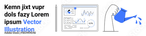 Business growth, data visualization, analytics, investment strategy, resource management, progress tracking. Graphs, text pen and a watering can with water drops. Business growth and data