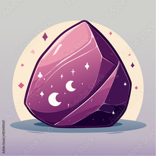 Stylized purple crystal with moon and stars design, cartoon illustration.