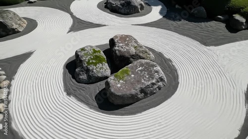 Zen Garden Serenity: Raked Sand and Mossy Stones Meditative Landscape