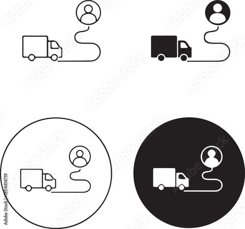 Delivery truck icons with user profile isolated on white background