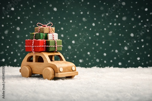 Classic wooden car carrying stacked red and green wrapped gifts, winter celebration and festive snow scene, ideal for xmas greeting cards retail marketing