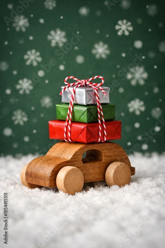 Wooden toy car transporting stacked red green silver wrapped gift boxes, festive winter holiday celebration, ideal for christmas greeting cards advertising
