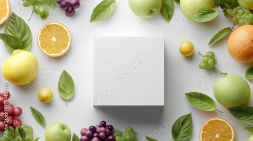 Top-Down Fruit Arrangement with Fresh Green Leaves Around Central White Square – Minimalist Mockup Design