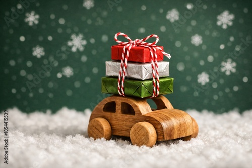 Wooden toy car carrying stacked red silver green wrapped gift boxes, festive holiday season delivery, great for greeting cards, winter promotions, family blogs