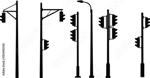 Silhouette of traffic lights and street poles, urban infrastructure design for transportation safety, city road signal system, and public control.