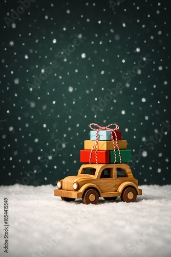 Miniature wooden car with stacked christmas gifts in snow, warm festive winter holiday delivery concept, perfect for greeting cards, new year promotions