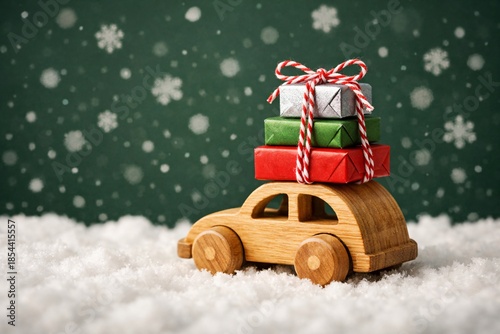 Small wooden toy car carrying christmas gift boxes on white snow, holiday season delivery, perfect for new year greeting cards promotion.