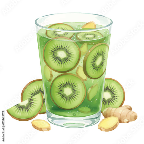 Kiwi Ginger Sparkler Cocktail Watercolor Vector Illustration Isolated on White Background
