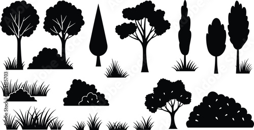 Silhouette of trees and plants, forest vegetation illustration, natural landscape design, tropical and deciduous trees, black and white artwork