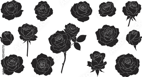 Rose silhouettes, floral design, flower outline, botanical illustration, rose vector, black flower, decorative rose, blooming stages, garden flower, romantic art