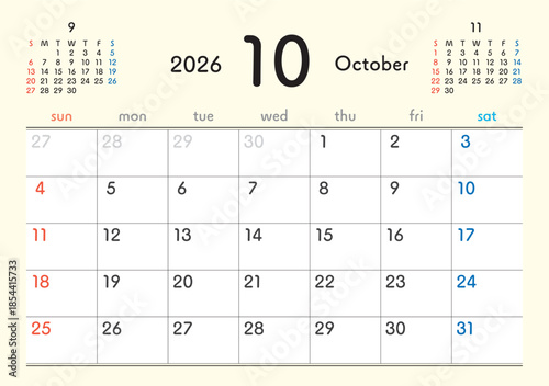 2026年 カレンダー 10月