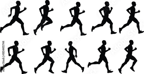 Running stride silhouettes in sequence, biomechanics of running motion, athlete movement illustration, sports science artwork, physical education design art