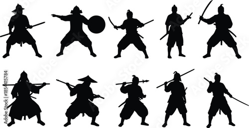 Samurai and warrior silhouettes, Japanese fighters, swords, spears, shields, black and white, martial arts poses, cultural illustration, combat design