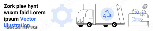 Logistics innovation, sustainability, digital payment, green delivery, technology, e-commerce. A truck a recycling symbol, gears and a digital wallet with coins. Recycling and logistics innovation